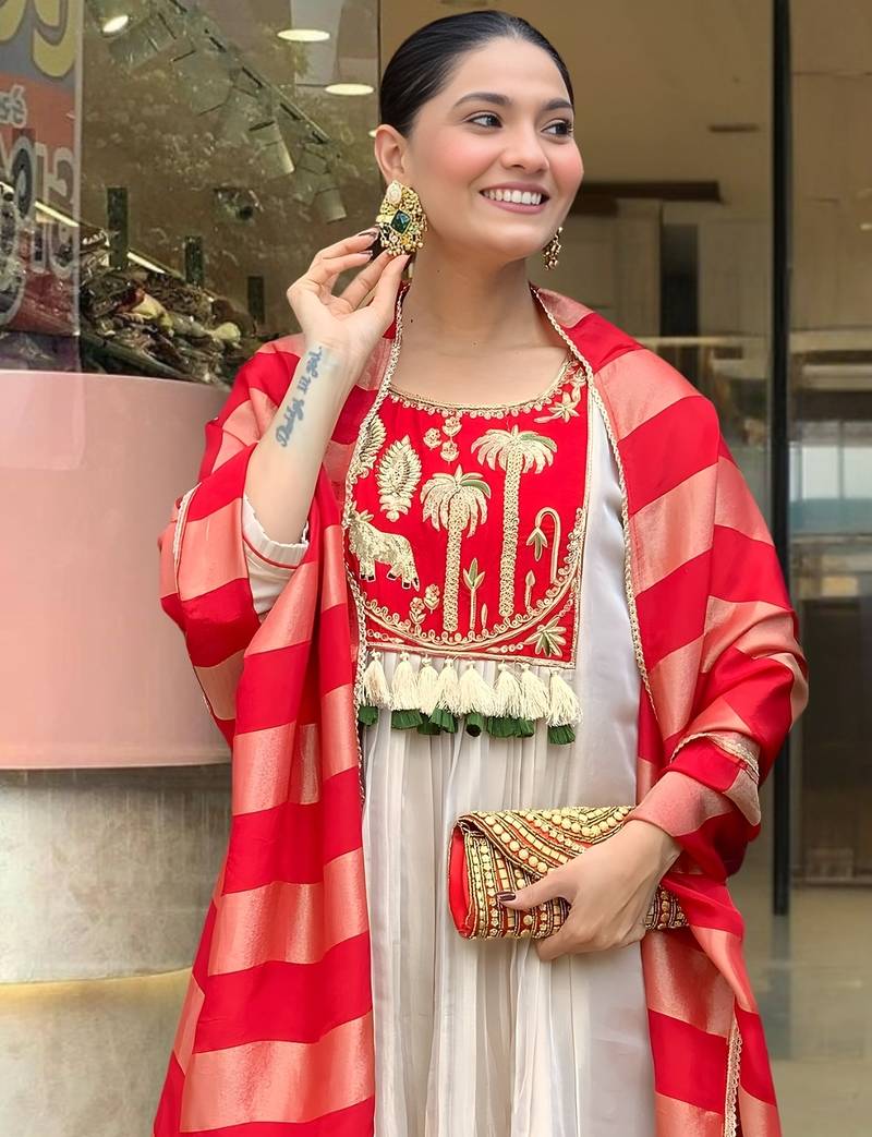 Women cream silk sequin embroidery kurta set with red jacquard silk dupatta salwar suit