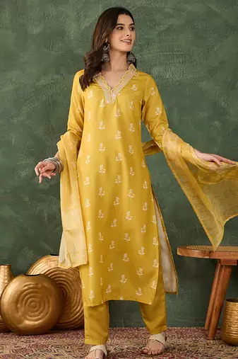 Yellow floral rayon silk v-neck kurta set with organza dupatta