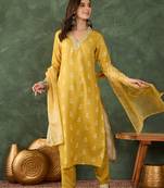 Yellow floral rayon silk v-neck kurta set with organza dupatta