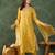 Yellow floral rayon silk v-neck kurta set with organza dupatta