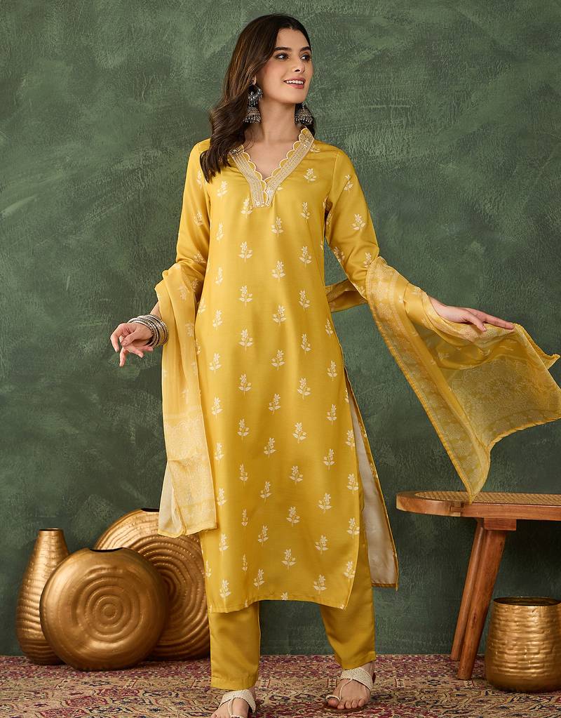 Yellow floral rayon silk v-neck kurta set with organza dupatta