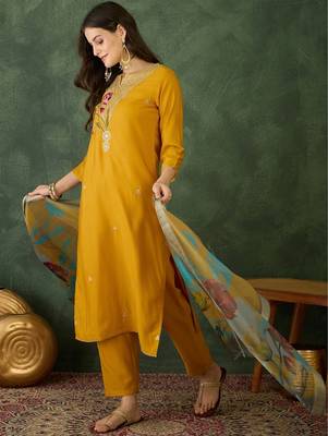 Mustard rayon silk sequin embroidery kurta set with jacquard dupatta 2