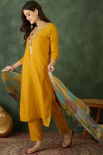 Mustard rayon silk sequin embroidery kurta set with jacquard dupatta