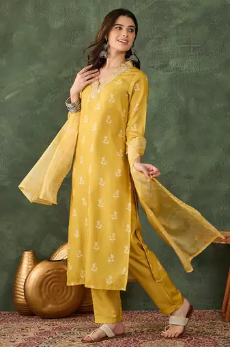 Yellow floral rayon silk v-neck kurta set with organza dupatta