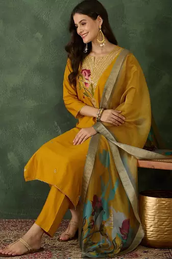 Mustard rayon silk sequin embroidery kurta set with jacquard dupatta
