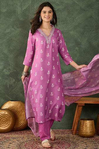 Onion floral rayon silk v-neck kurta set with organza dupatta