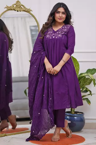 Lavender rayon silk sequin embroidered v neck kurta set with chanderi dupatta