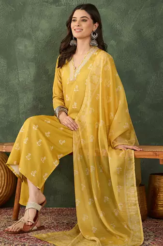 Yellow floral rayon silk v-neck kurta set with organza dupatta