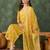 Yellow floral rayon silk v-neck kurta set with organza dupatta