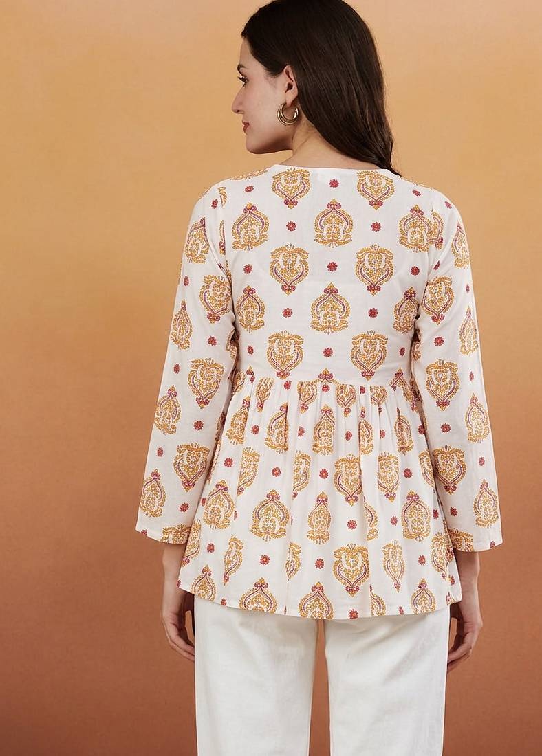 White printed designer rayon women short kurti