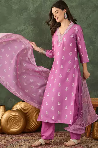 Onion floral rayon silk v-neck kurta set with organza dupatta