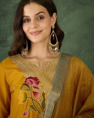 Mustard rayon silk sequin embroidery kurta set with jacquard dupatta 5