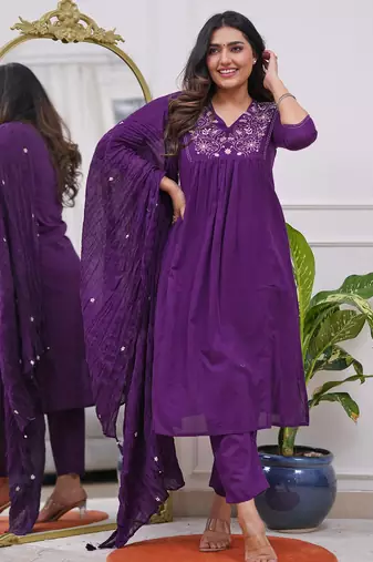 Lavender rayon silk sequin embroidered v neck kurta set with chanderi dupatta