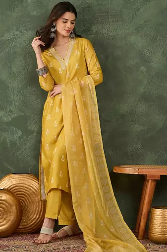 Yellow floral rayon silk v-neck kurta set with organza dupatta