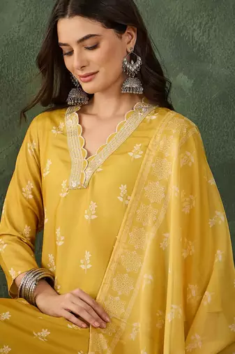 Yellow floral rayon silk v-neck kurta set with organza dupatta