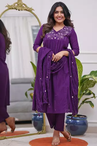 Lavender rayon silk sequin embroidered v neck kurta set with chanderi dupatta