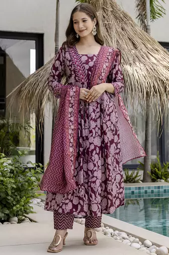 Maroon rayon silk printed u neck kurta set with printed linen silk dupatta