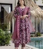 Maroon rayon silk printed u neck kurta set with printed linen silk dupatta