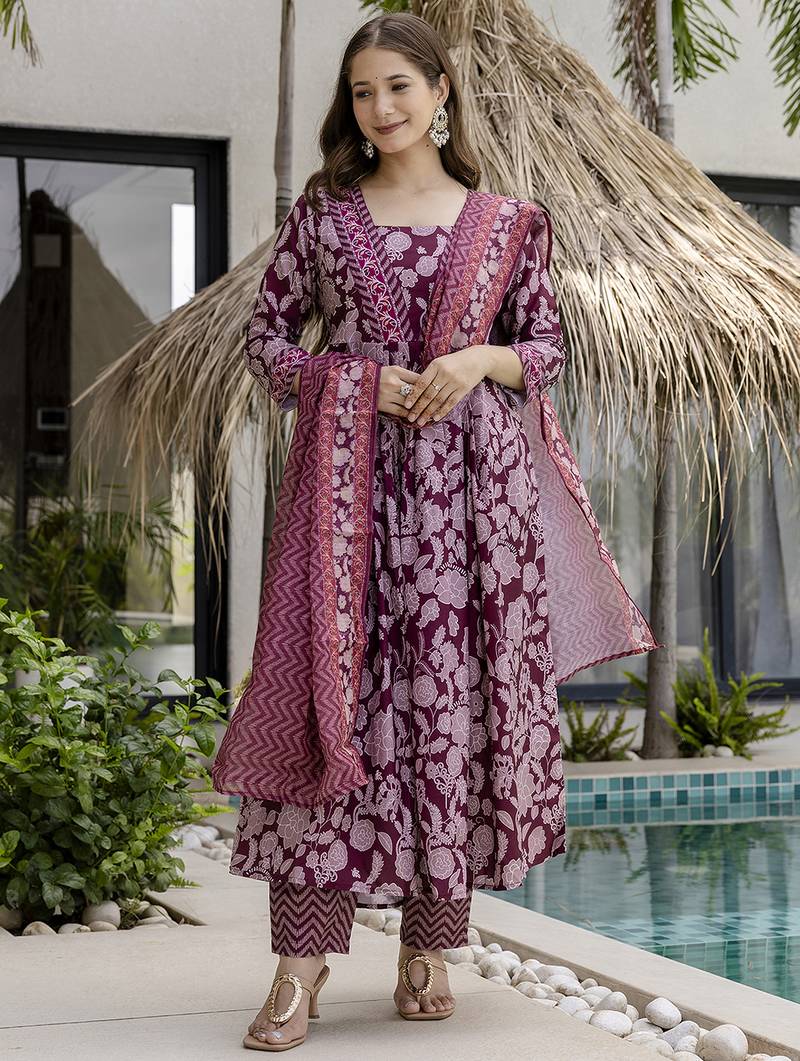Maroon rayon silk printed u neck kurta set with printed linen silk dupatta