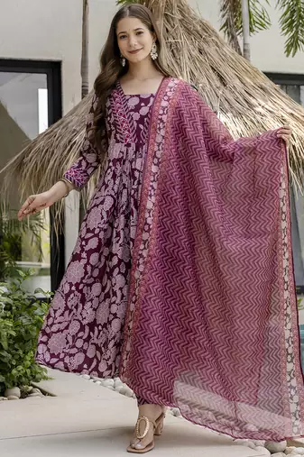 Maroon rayon silk printed u neck kurta set with printed linen silk dupatta