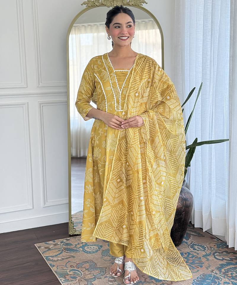 Yellow rayon silk printed u neck kurta set with printed organza pink dupatta