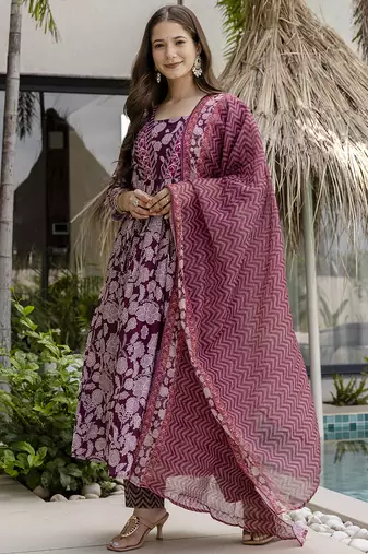 Maroon rayon silk printed u neck kurta set with printed linen silk dupatta