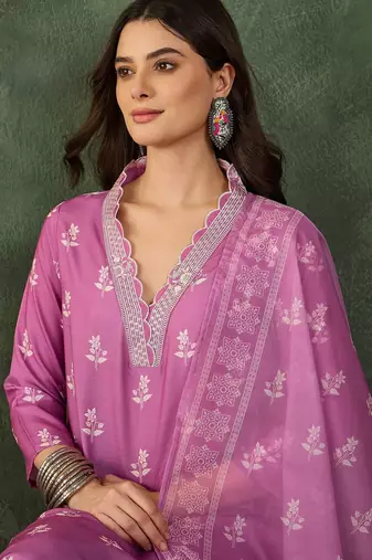 Onion floral rayon silk v-neck kurta set with organza dupatta