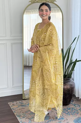 Yellow rayon silk printed u neck kurta set with printed organza pink dupatta