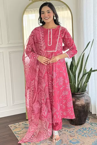Pink rayon silk printed round neck kurta set with printed organza dupatta