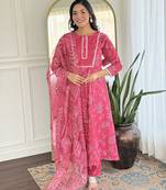 Pink rayon silk printed round neck kurta set with printed organza dupatta