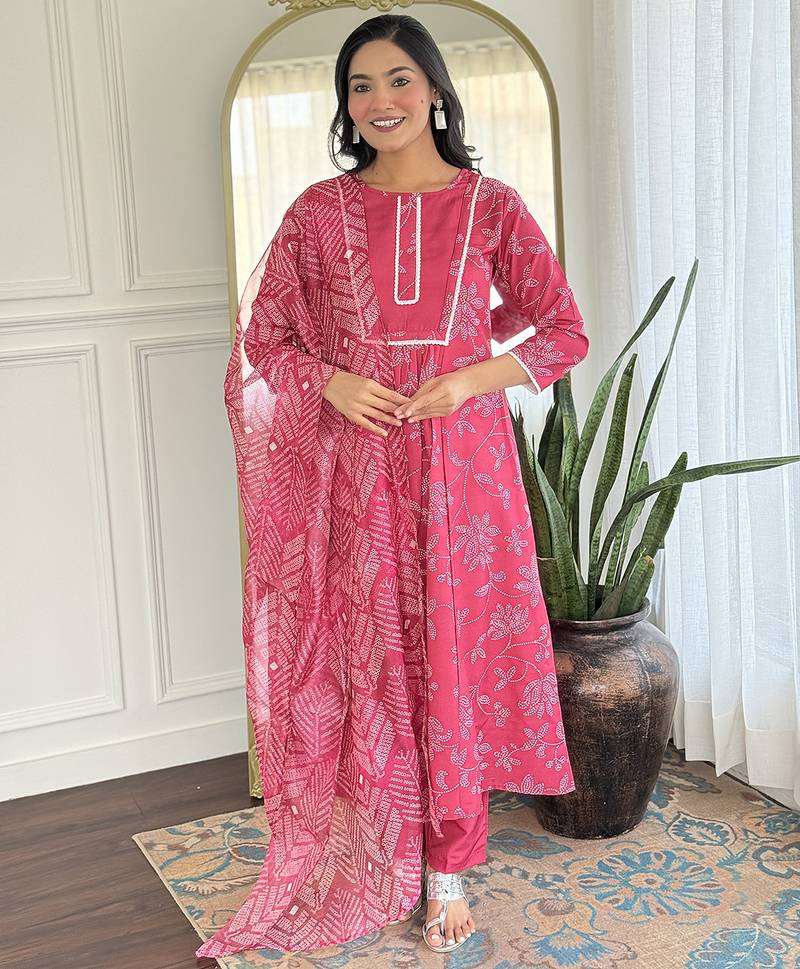Pink rayon silk printed round neck kurta set with printed organza dupatta