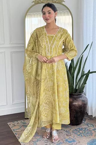 Yellow rayon silk printed u neck kurta set with printed organza pink dupatta