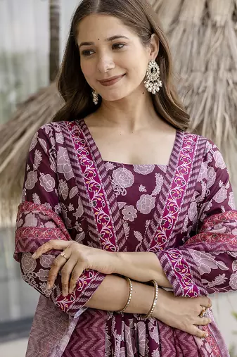 Maroon rayon silk printed u neck kurta set with printed linen silk dupatta