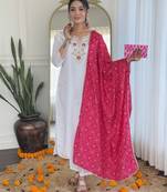 White viscose silk sequin embroidered v neck kurta set with pink dupatta