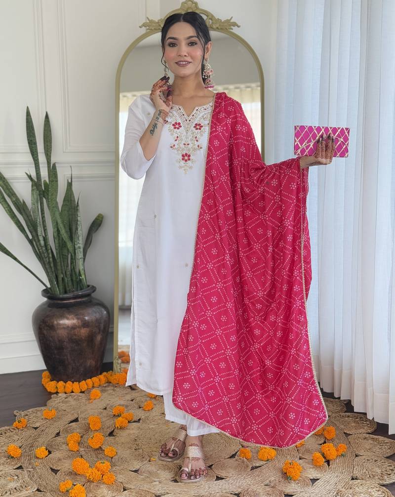 White viscose silk sequin embroidered v neck kurta set with pink dupatta