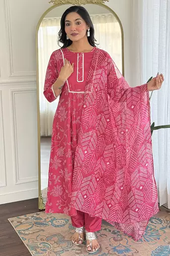 Pink rayon silk printed round neck kurta set with printed organza dupatta