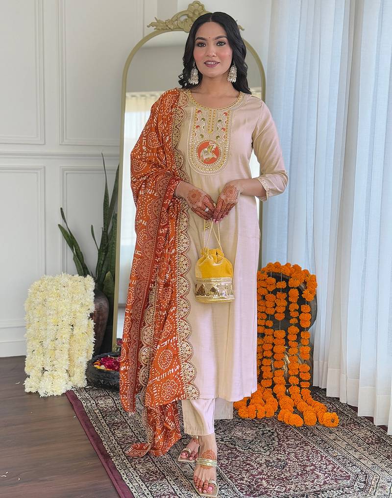 Cream viscose silk sequin embroidered kurta set with orange dupatta