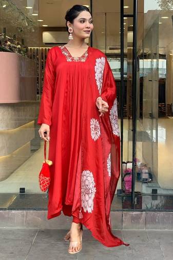Red chinon silk sequin embroidered u neck kurta set with printed dupatta