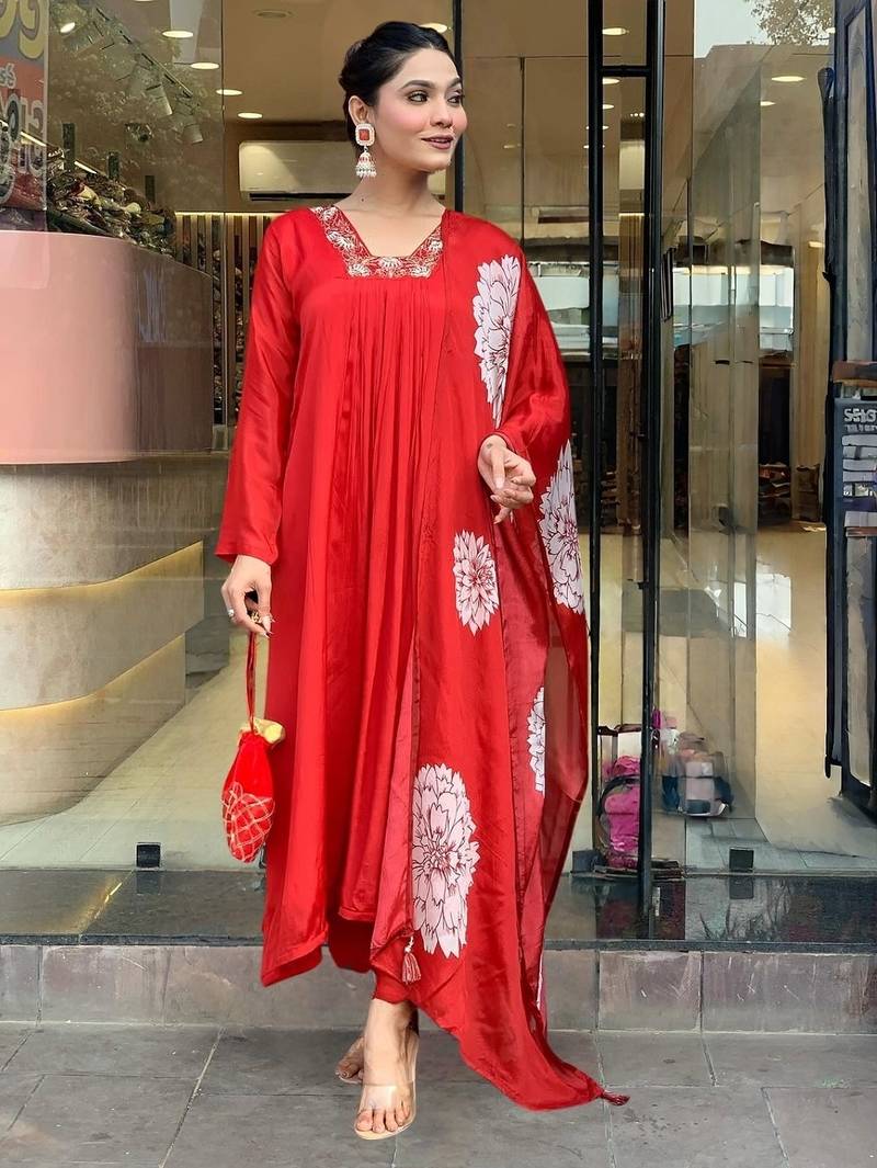 Red chinon silk sequin embroidered u neck kurta set with printed dupatta