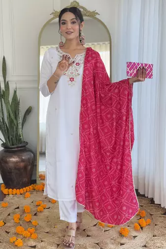 White viscose silk sequin embroidered v neck kurta set with pink dupatta