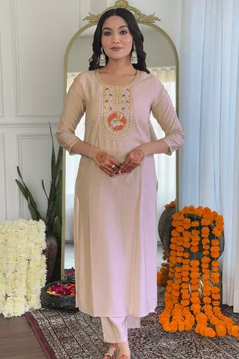 Cream viscose silk sequin embroidered kurta set with orange dupatta