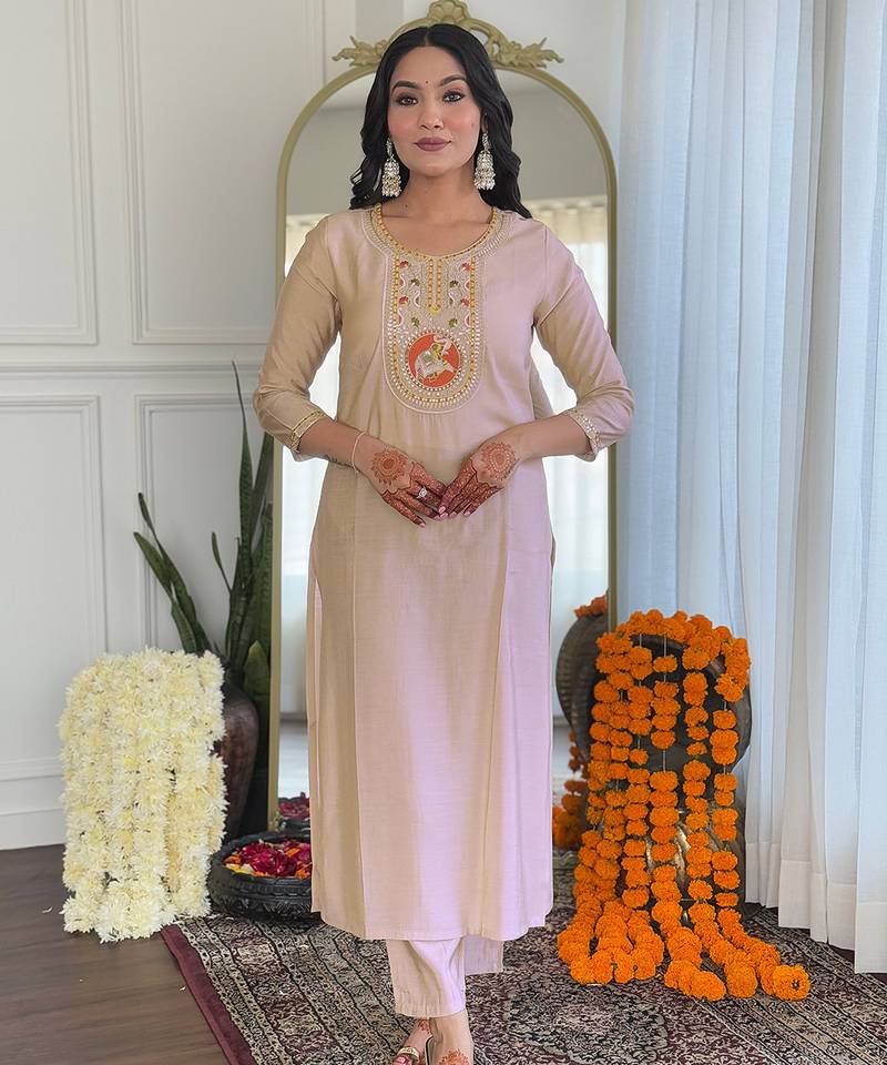 Cream viscose silk sequin embroidered kurta set with orange dupatta