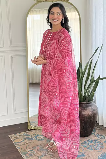 Pink rayon silk printed round neck kurta set with printed organza dupatta
