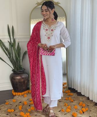 White viscose silk sequin embroidered v neck kurta set with pink dupatta 3