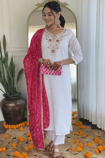 White viscose silk sequin embroidered v neck kurta set with pink dupatta