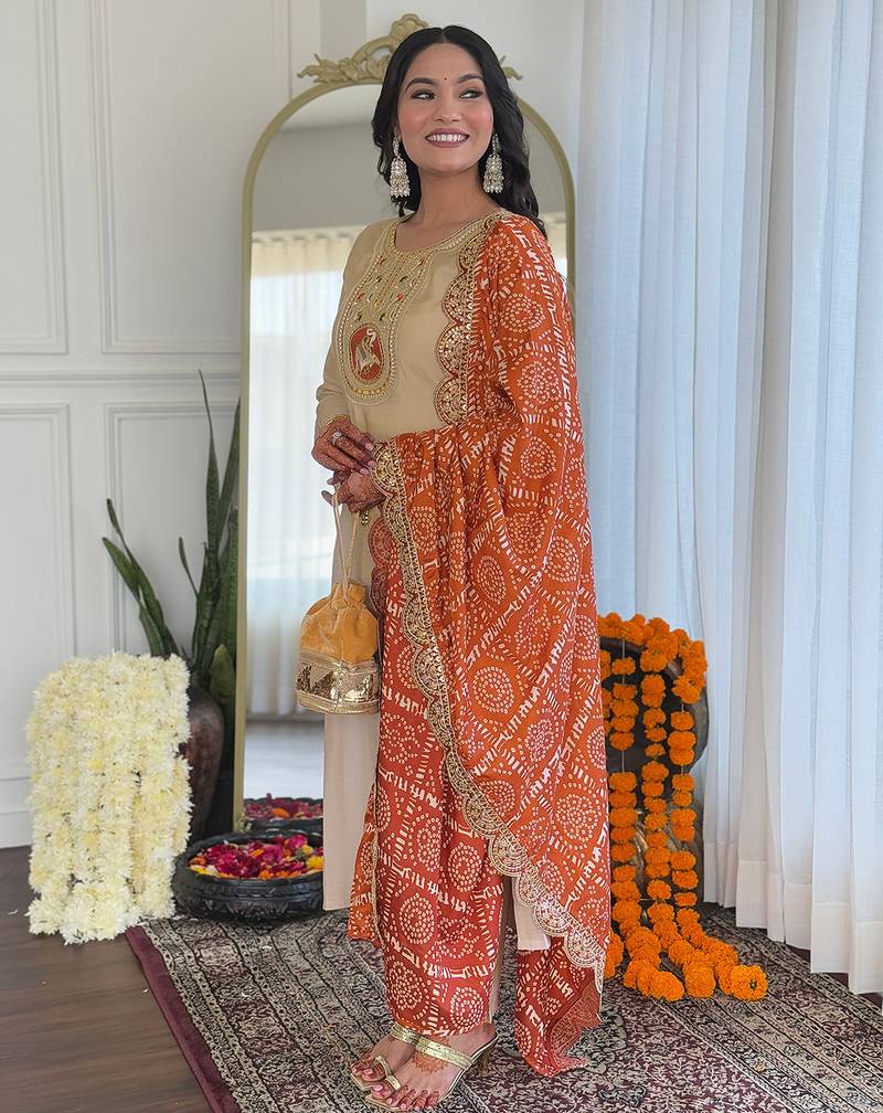 Cream viscose silk sequin embroidered kurta set with orange dupatta