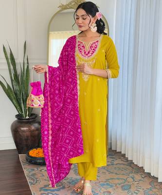 Yellow viscose silk sequin embroidered v neck kurta set with pink dupatta 2