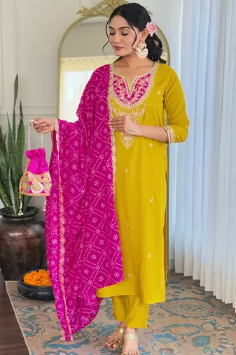 Yellow viscose silk sequin embroidered v neck kurta set with pink dupatta