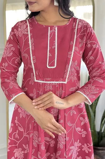 Pink rayon silk printed round neck kurta set with printed organza dupatta