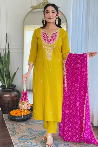 Yellow viscose silk sequin embroidered v neck kurta set with pink dupatta
